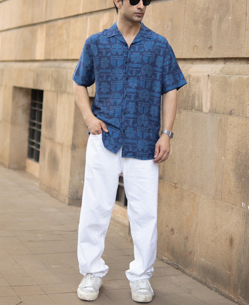 Blue Mask Print Flowy Shirt