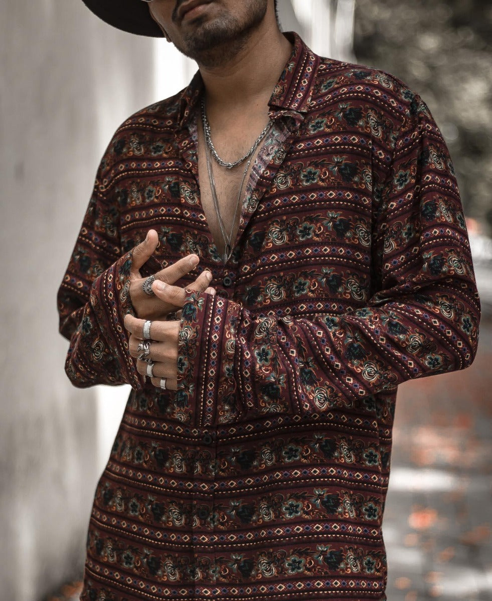 Maroon Rose Printed Full  Sleeves Shirt