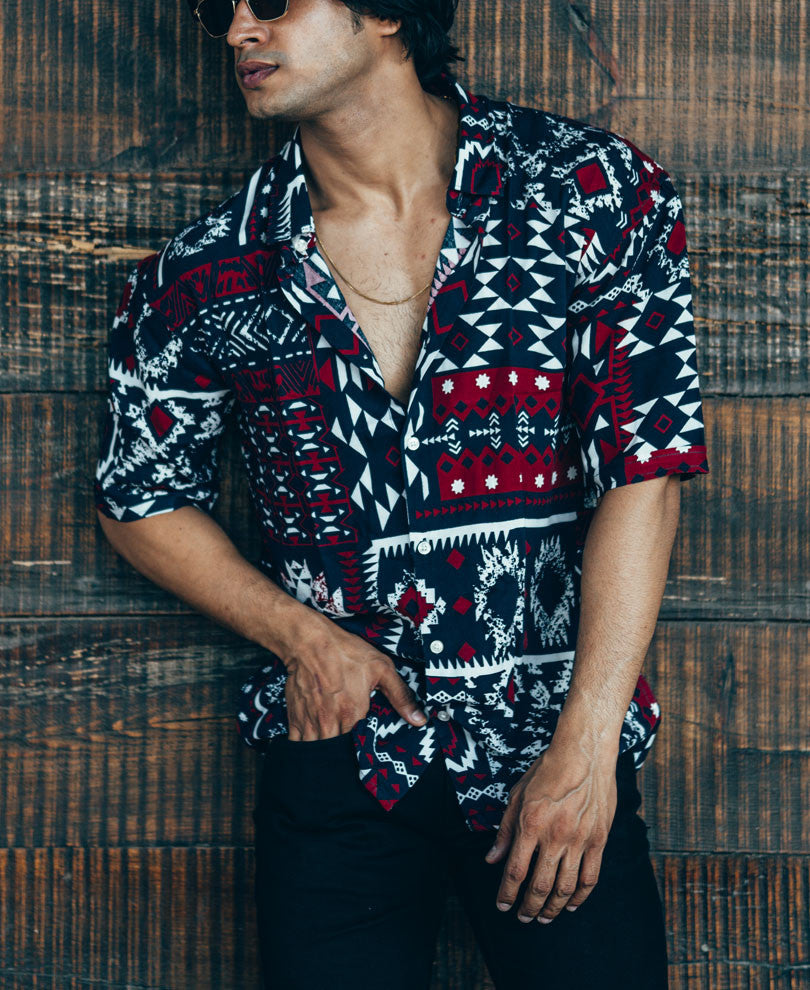 Navy Blue and Red Patchwork Print Oversize Drop Shoulder Shirt