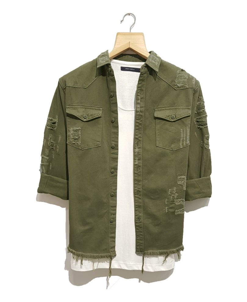 Olive Green Ripped Denim Casual Shirt