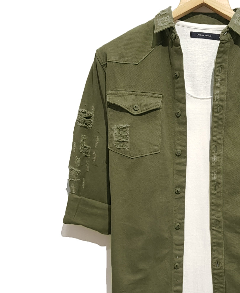 Olive Green Ripped Denim Casual Shirt