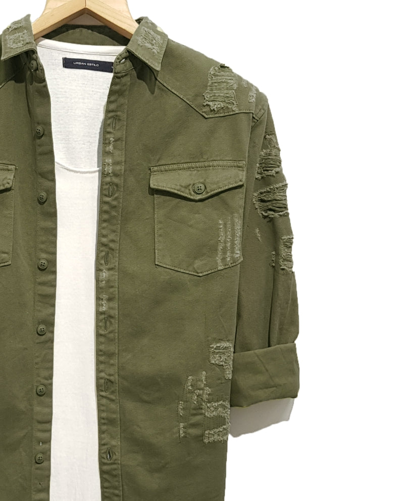Olive Green Ripped Denim Casual Shirt