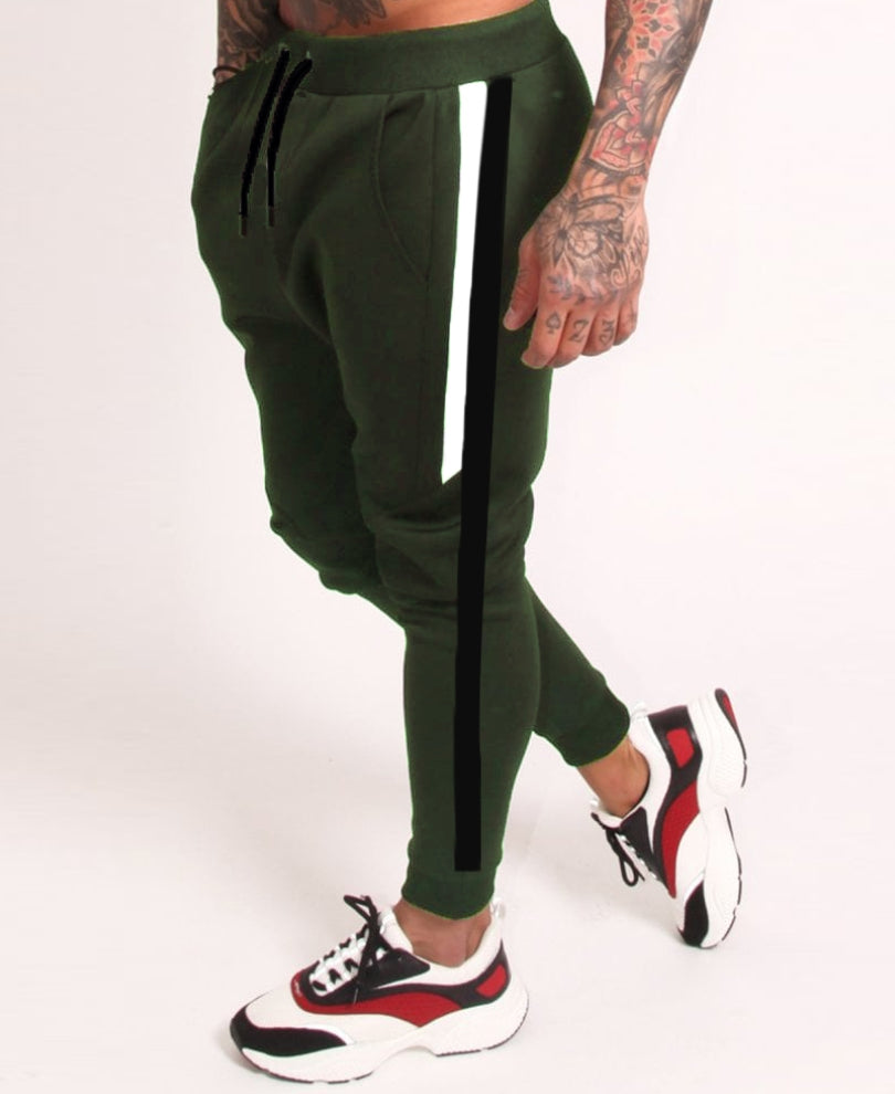 Olive Green Double Stripes Ribbed Track Pant