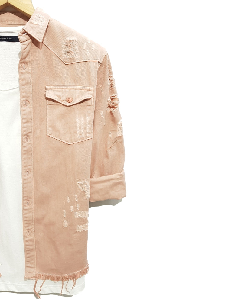 Pink Ripped Denim Casual Shirt