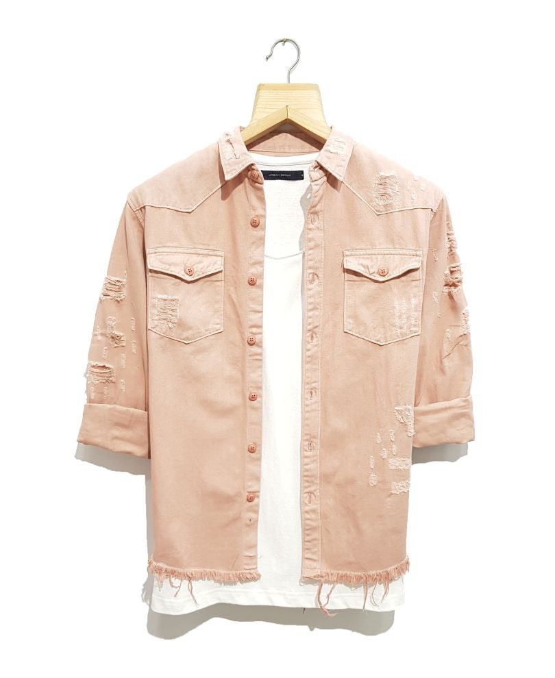 Pink Ripped Denim Casual Shirt
