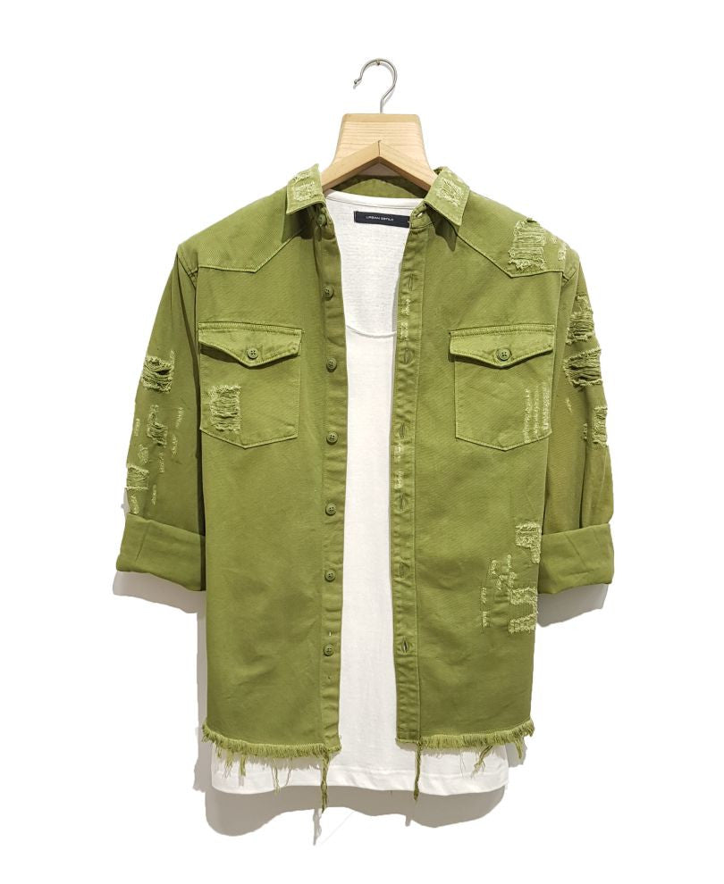 Green Ripped Denim Casual Shirt