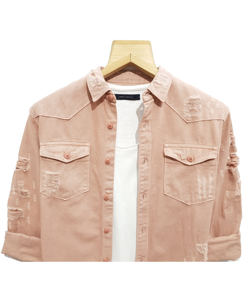 Pink Ripped Denim Casual Shirt