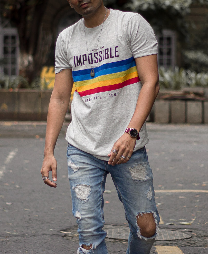 Acro Grey Impossible Printed Half Sleeves T Shirt