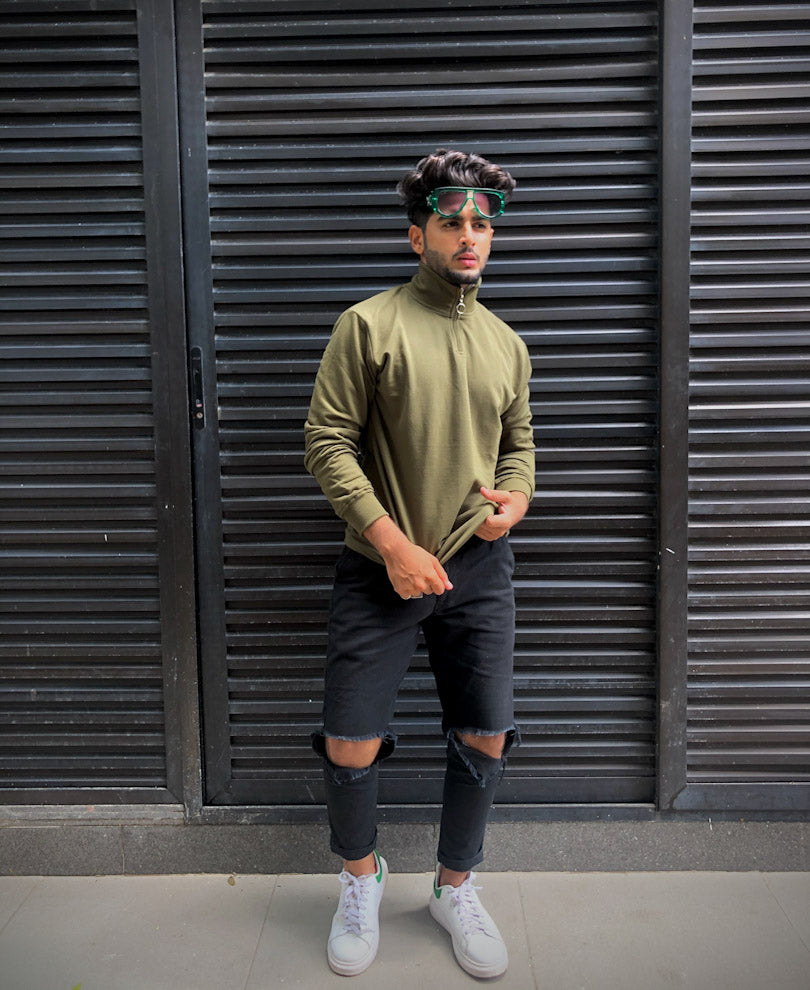Plain Olive Green Turtle Neck With Zip Full Sleeves T Shirt