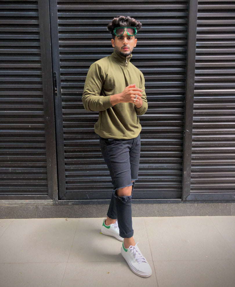 Plain Olive Green Turtle Neck With Zip Full Sleeves T Shirt