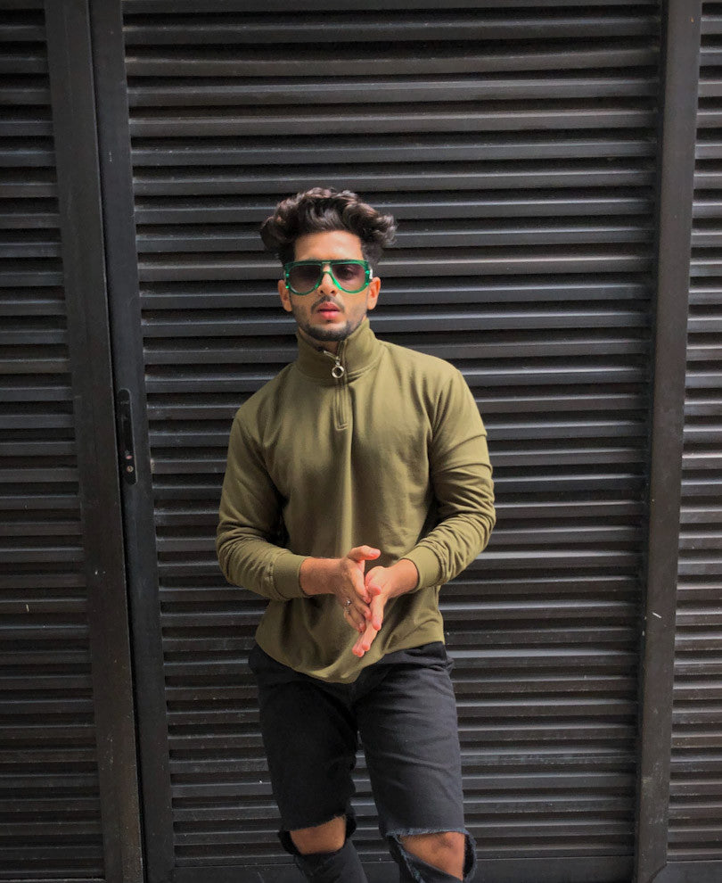 Plain Olive Green Turtle Neck With Zip Full Sleeves T Shirt