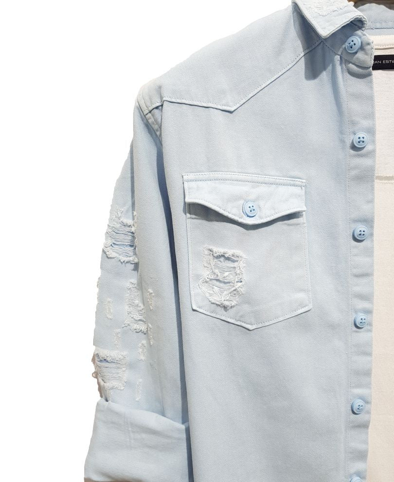 Light Blue Ripped Denim Casual Shirt