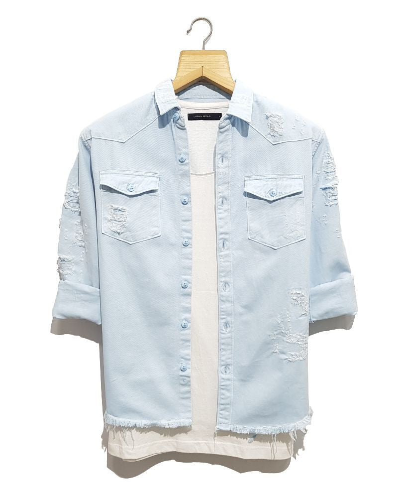 Light Blue Ripped Denim Casual Shirt