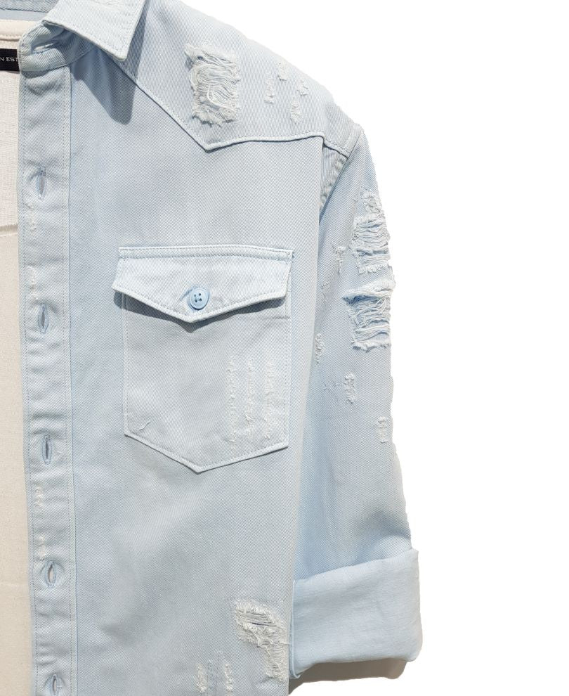 Light Blue Ripped Denim Casual Shirt