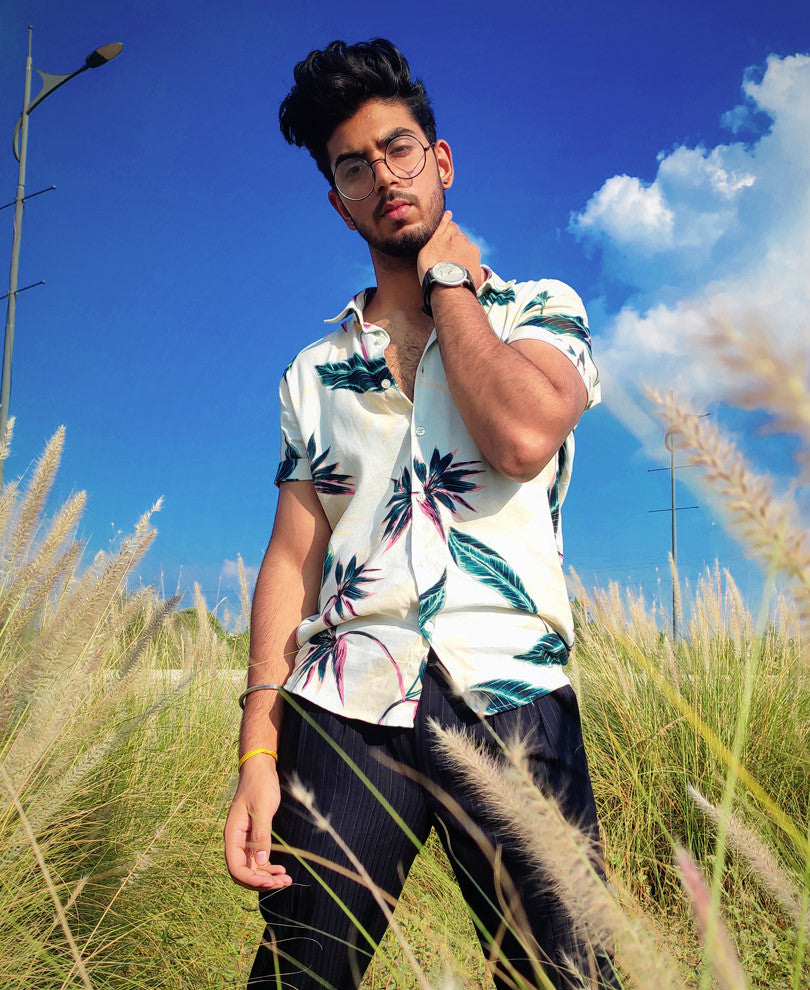 Urban White Flower and Leaf Printed Half Sleeves Shirt