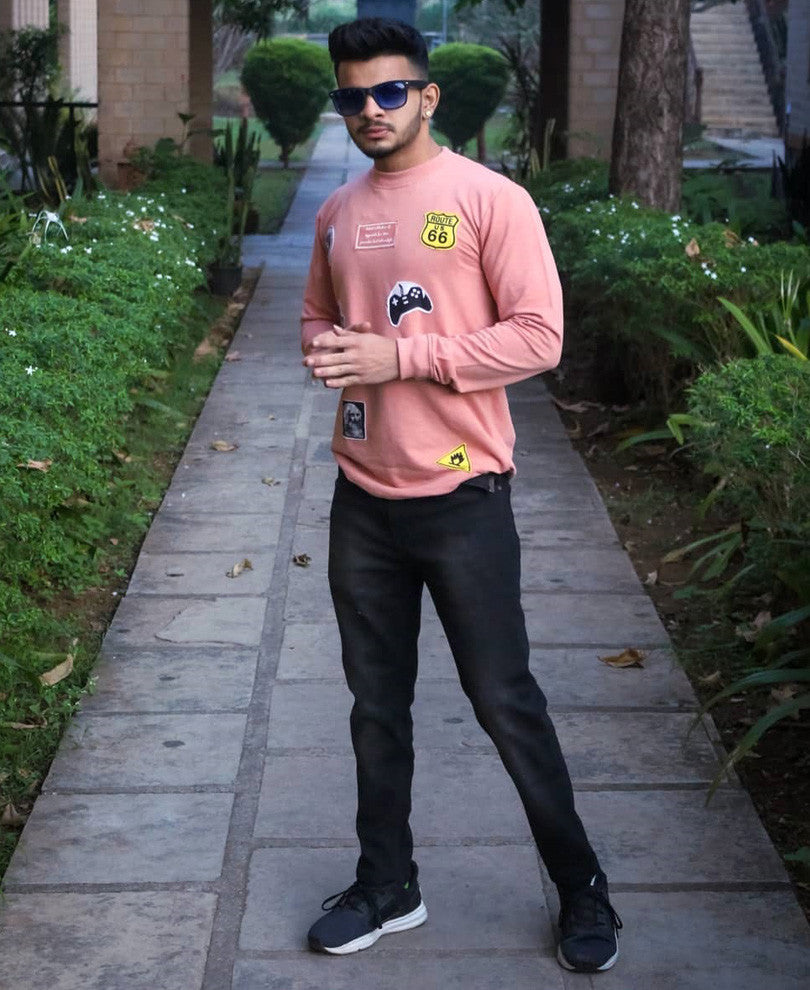 Peach Patched Full Sleeves T Shirt