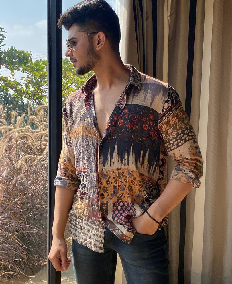 Brown Abstract Print Full Sleeves Shirt