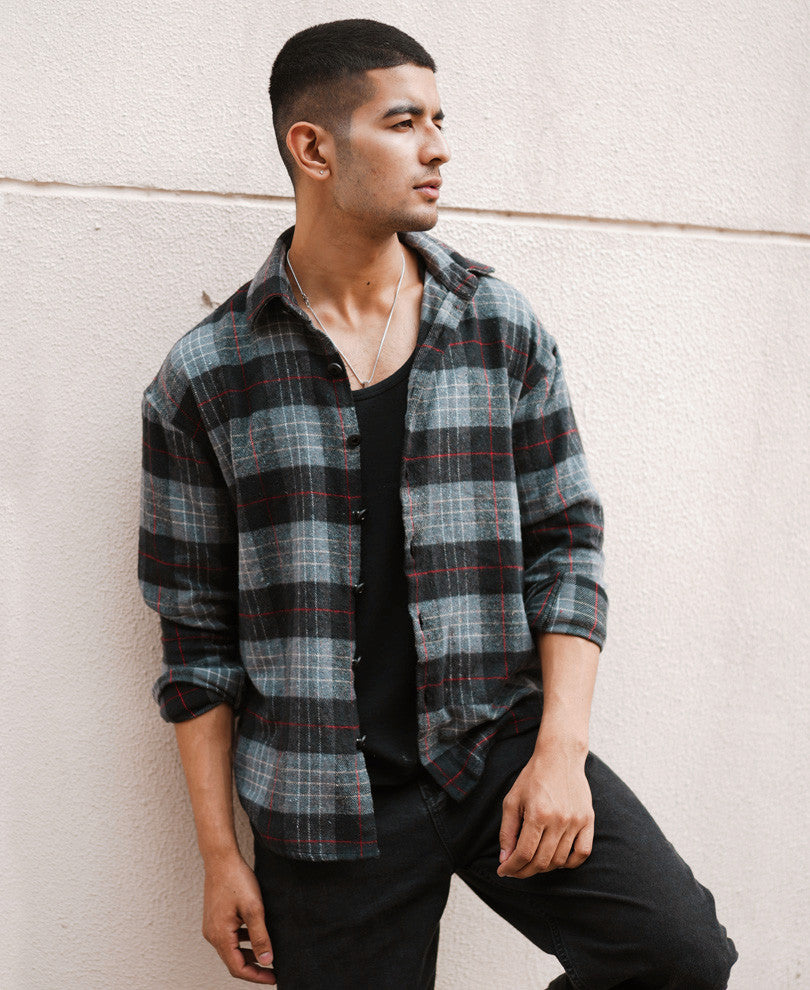 Dark Grey Plaid Checks Oversize Drop Shoulder Shirt
