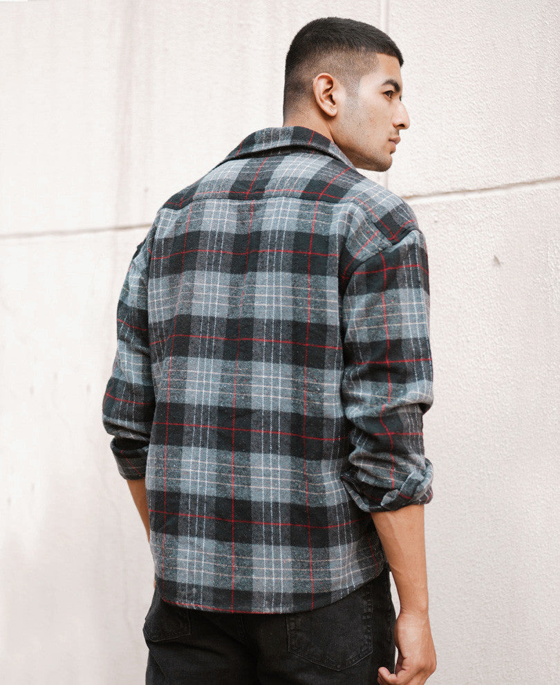 Dark Grey Plaid Checks Oversize Drop Shoulder Shirt