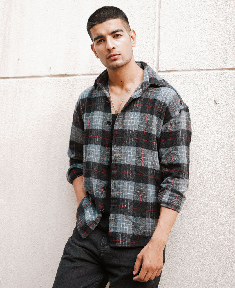 Dark Grey Plaid Checks Oversize Drop Shoulder Shirt