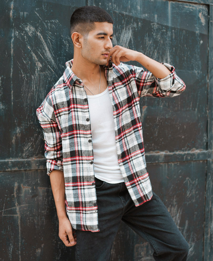 White And Red Plaid Checks Oversize Drop Shoulder Shirt