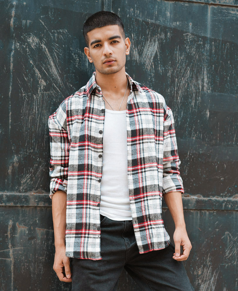 White And Red Plaid Checks Oversize Drop Shoulder Shirt