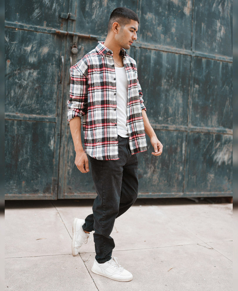 White And Red Plaid Checks Oversize Drop Shoulder Shirt