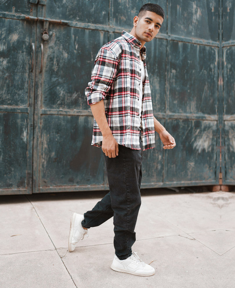 White And Red Plaid Checks Oversize Drop Shoulder Shirt