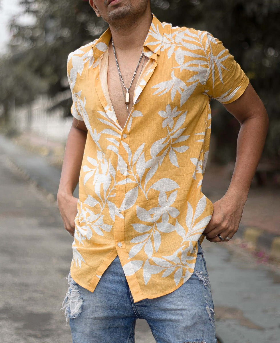 Yellow Tropical Floral Print Half Sleeves Shirt