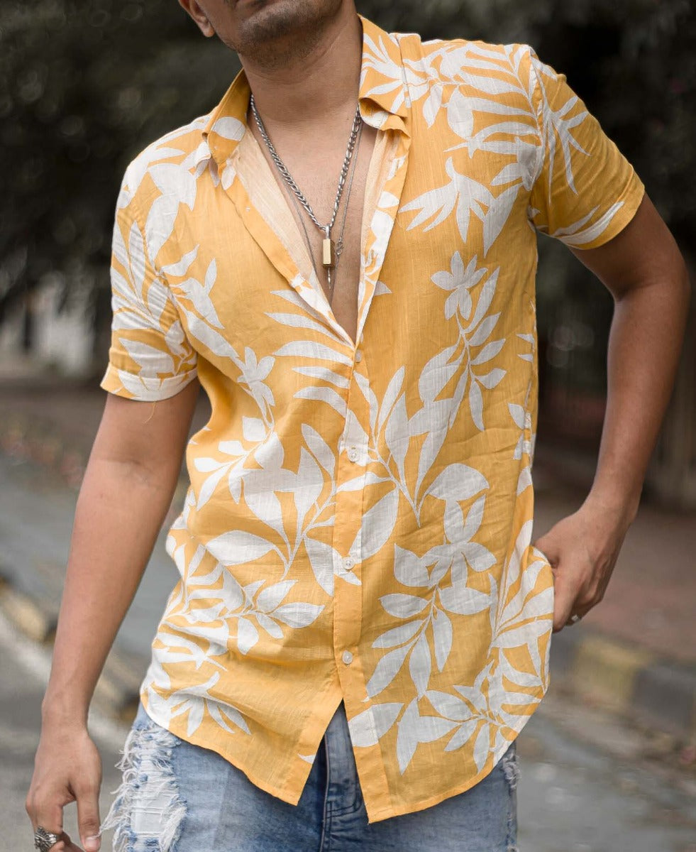 Yellow Tropical Floral Print Half Sleeves Shirt