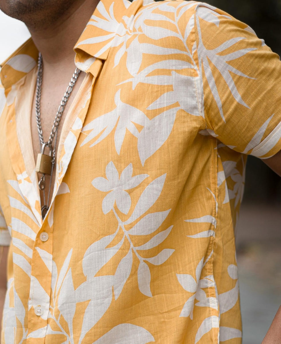 Yellow Tropical Floral Print Half Sleeves Shirt