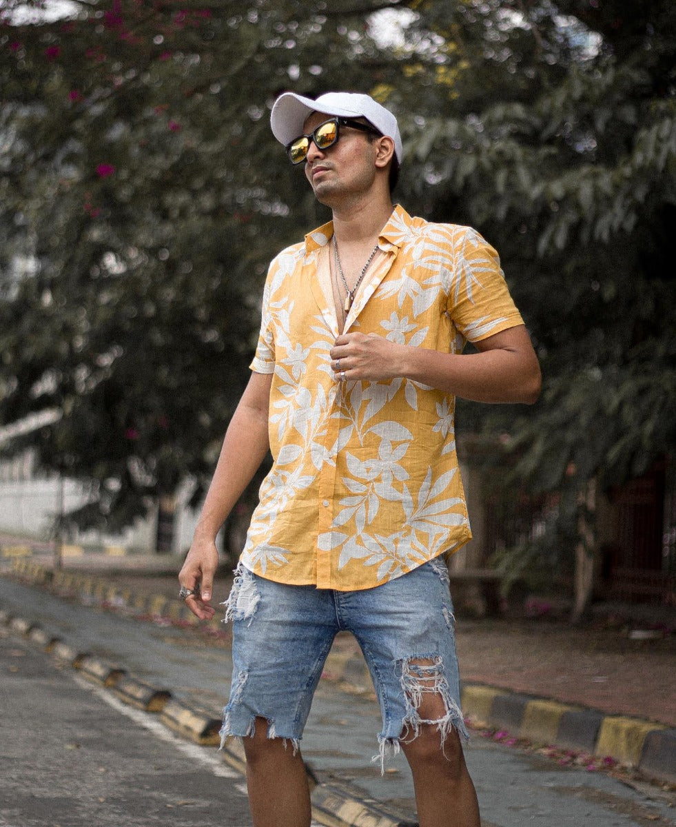 Yellow Tropical Floral Print Half Sleeves Shirt